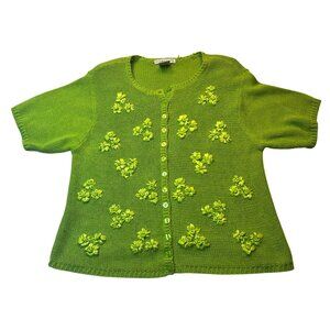 Victoria Jones Green Floral Embroidered Cardigan Sweater L Ramie Cotton Blend